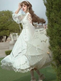Sweet Lolita OP Dress White Lace Up Cascading Ruffles Long Sleeves Lolita Dresses -AYA Cosplay Shop 202012011939265088310