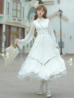 Sweet Lolita OP Dress White Lace Up Cascading Ruffles Long Sleeves Lolita Dresses -AYA Cosplay Shop 202012011939268856791