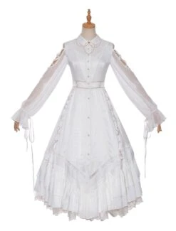 Sweet Lolita OP Dress White Lace Up Cascading Ruffles Long Sleeves Lolita Dresses -AYA Cosplay Shop 202012011939272429590