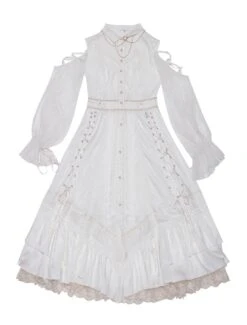 Sweet Lolita OP Dress White Lace Up Cascading Ruffles Long Sleeves Lolita Dresses -AYA Cosplay Shop 202012011939282632263
