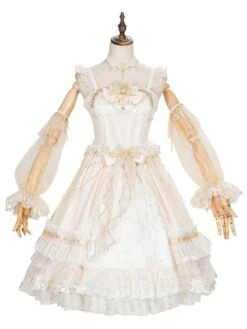 Sweet Lolita JSK Dress 3 Pieces Set White Sleeveless Lace Up Bows Lolita Jumper Skirts -AYA Cosplay Shop 20201208161902255306