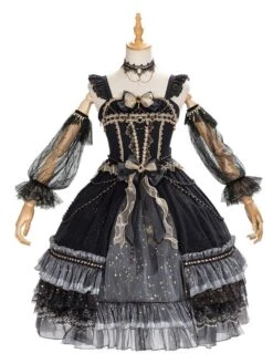 Sweet Lolita JSK Dress 3 Pieces Set Lace Up Bows Tulle Polyester Black Lolita Jumper Skirts -AYA Cosplay Shop 20201208162252870407