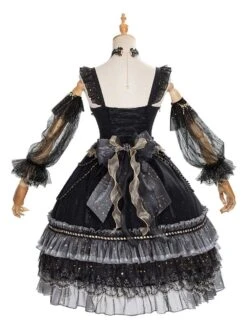 Sweet Lolita JSK Dress 3 Pieces Set Lace Up Bows Tulle Polyester Black Lolita Jumper Skirts -AYA Cosplay Shop 202012081622532829364