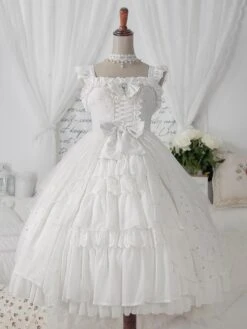 Sweet Lolita JSK Dress Neverland Lace Cascading Ruffles Bows White Lolita Jumper Skirts -AYA Cosplay Shop 202012151432098927486
