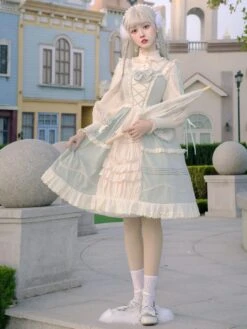 Sweet Lolita JSK Dress Mint Green Sleeveless Bows Lace Up Lolita Jumper Skirts -AYA Cosplay Shop 202012151440551968194