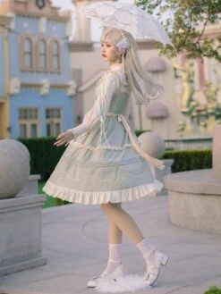 Sweet Lolita JSK Dress Mint Green Sleeveless Bows Lace Up Lolita Jumper Skirts -AYA Cosplay Shop 202012151440564748017