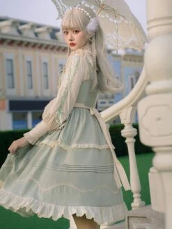 Sweet Lolita JSK Dress Mint Green Sleeveless Bows Lace Up Lolita Jumper Skirts -AYA Cosplay Shop 202012151440568462407