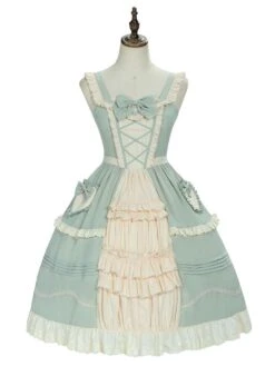 Sweet Lolita JSK Dress Mint Green Sleeveless Bows Lace Up Lolita Jumper Skirts -AYA Cosplay Shop 202012151440594744268