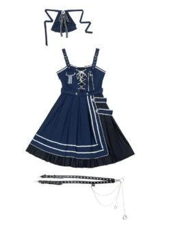 Military Style Lolita JSK Dress 3-Pieces Set Navy Sleeveless Academy Lolita Jumper Skirts -AYA Cosplay Shop 202012171715025979919