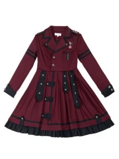 Military Style Lolita OP Dress Burgundy Long Sleeves Chains Ruffles Academic Lolita One Piece Dresses -AYA Cosplay Shop 202012231413415204063