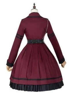 Military Style Lolita OP Dress Burgundy Long Sleeves Chains Ruffles Academic Lolita One Piece Dresses -AYA Cosplay Shop 202012231413422278415