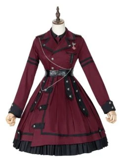 Military Style Lolita OP Dress Burgundy Long Sleeves Chains Ruffles Academic Lolita One Piece Dresses -AYA Cosplay Shop 202012231413439508569