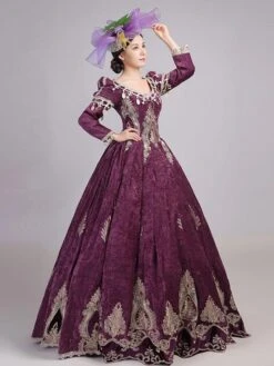 Retro Costumes Navy Blue Embroidered Marie Antoinette Polyester Headwear Dress Costume Set Retro Party Prom Dress -AYA Cosplay Shop 202012311331072334320