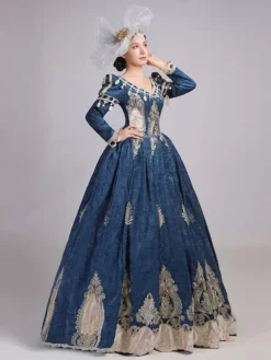 Retro Costumes Navy Blue Embroidered Marie Antoinette Polyester Headwear Dress Costume Set Retro Party Prom Dress -AYA Cosplay Shop 202012311331078998322