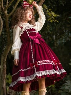 Sweet Lolita JSK Dress Fairytale Infanta Sleeveless Lace Burgundy Lolita Jumper Skirts