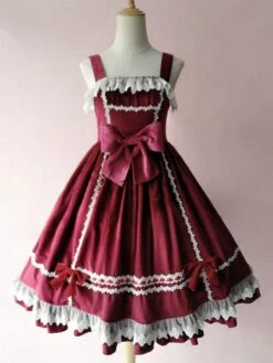 Sweet Lolita JSK Dress Fairytale Infanta Sleeveless Lace Burgundy Lolita Jumper Skirts -AYA Cosplay Shop 202101121331074825043