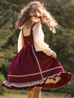 Sweet Lolita JSK Dress Fairytale Infanta Sleeveless Lace Burgundy Lolita Jumper Skirts -AYA Cosplay Shop 202101121331078114915