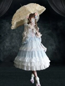 Sweet Lolita OP Dress Retro Lolita Wedding Dress 4-Piece Set Baby Blue Ruffles Long Sleeve Lolita One Piece Dresses Outfit -AYA Cosplay Shop 202101271022174834805
