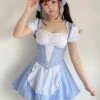 Sweet Lolita OP Dress Maid Lolita Baby Blue Lace Up Plaid Ruffle One Piece Dresses
