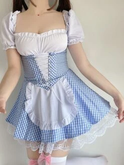 Sweet Lolita OP Dress Maid Lolita Baby Blue Lace Up Plaid Ruffle One Piece Dresses -AYA Cosplay Shop 202103151639419365226