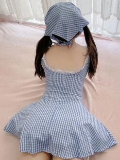 Sweet Lolita OP Dress Maid Lolita Baby Blue Lace Up Plaid Ruffle One Piece Dresses -AYA Cosplay Shop 202103151639422662854