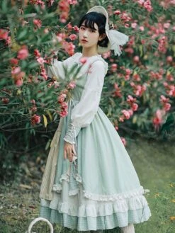 Sweet Lolita OP Dress Green Polyester Long Sleeve Bowknot Ruffle Lolita One Piece Dresses -AYA Cosplay Shop 202103151639527348534
