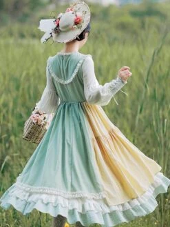Sweet Lolita OP Dress Green Polyester Long Sleeve Bowknot Ruffle Lolita One Piece Dresses -AYA Cosplay Shop 202103151639537842162