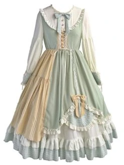 Sweet Lolita OP Dress Green Polyester Long Sleeve Bowknot Ruffle Lolita One Piece Dresses -AYA Cosplay Shop 202103151639541437422