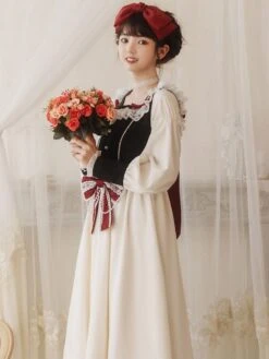 Sweet Lolita OP Dress Lace White Polyester Long Sleeves Red Bowknot Ruffles Snow White Traditional Lolita One Piece Dresses -AYA Cosplay Shop 202103151640187911408