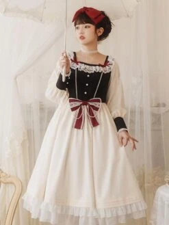 Sweet Lolita OP Dress Lace White Polyester Long Sleeves Red Bowknot Ruffles Snow White Traditional Lolita One Piece Dresses -AYA Cosplay Shop 202103151640198042754