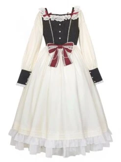 Sweet Lolita OP Dress Lace White Polyester Long Sleeves Red Bowknot Ruffles Snow White Traditional Lolita One Piece Dresses -AYA Cosplay Shop 202103151640201171088