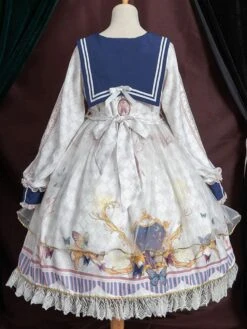 Academic Lolita OP Dress Sailor Style Blue Polyester Long Sleeve Bowkonts Lace Ruffles Sweet Lolita One Piece Dresses -AYA Cosplay Shop 202103151640299127965