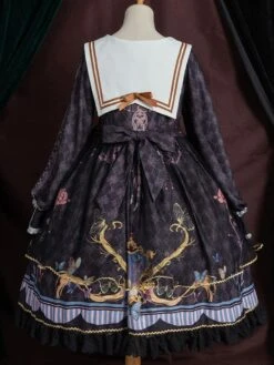 Academic Lolita OP Dress Sailor Style Blue Polyester Long Sleeve Bowkonts Lace Ruffles Sweet Lolita One Piece Dresses -AYA Cosplay Shop 202103151640302495348