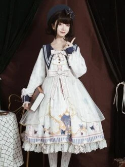Academic Lolita OP Dress Sailor Style Blue Polyester Long Sleeve Bowkonts Lace Ruffles Sweet Lolita One Piece Dresses -AYA Cosplay Shop 20210315164030609454