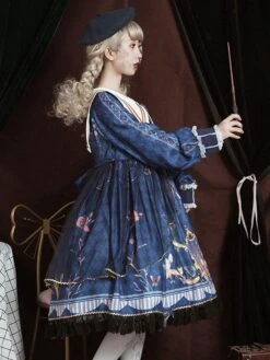 Academic Lolita OP Dress Sailor Style Blue Polyester Long Sleeve Bowkonts Lace Ruffles Sweet Lolita One Piece Dresses -AYA Cosplay Shop 202103151640309449316