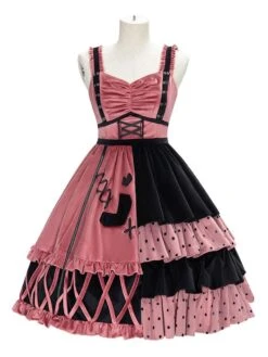 Sweet Lolita JSK Dress Watermelon Red Polyester Sleeveless Polka Dot Nets Tiered Lolita Jumper Skirts -AYA Cosplay Shop 202103161045433718374