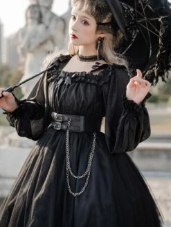 Gothic Lolita OP Dress Bows Long Sleeve Lace Ruffles Black Lolita One Piece Dress -AYA Cosplay Shop 202103251639406884509