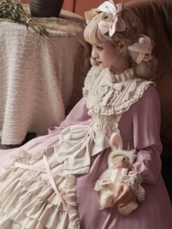 Sweet Lolita OP Dress Ruffles Bows Long Sleeves Pink Tea Party Lolita One Piece Dresses -AYA Cosplay Shop 20210325163941809394