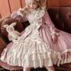 Sweet Lolita OP Dress Ruffles Bows Long Sleeves Pink Tea Party Lolita One Piece Dresses