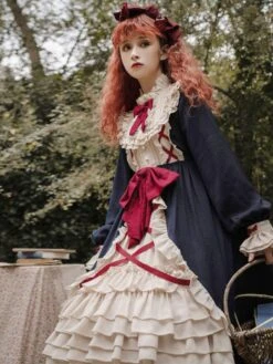 Sweet Lolita OP Dress Ruffles Bows Long Sleeves Pink Tea Party Lolita One Piece Dresses -AYA Cosplay Shop 202103251639429674080