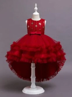 Flower Girl Dresses A-Line Jewel Neck Sleeveless Red Bows Polyester Sequined Tulle Polyester Cotton Kids Social Party Dresses Princess Dress -AYA Cosplay Shop 202104061722017153677