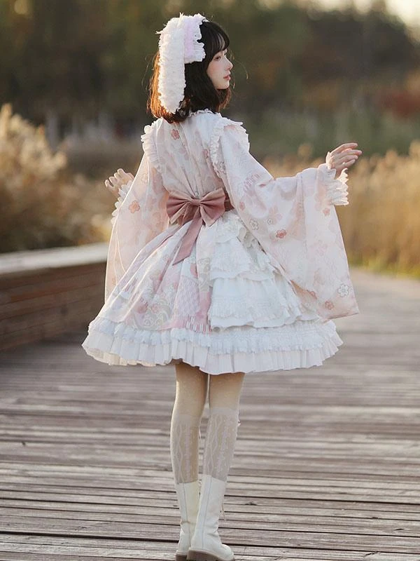 Japanese Style Lolita OP Dress Long Sleeve Floral Print Pink Bows Sweet Lolita One Piece Dresses 6 Japanese Style Lolita OP Dress Long Sleeve Floral Print Pink Bows Sweet Lolita One Piece Dresses - Image 4