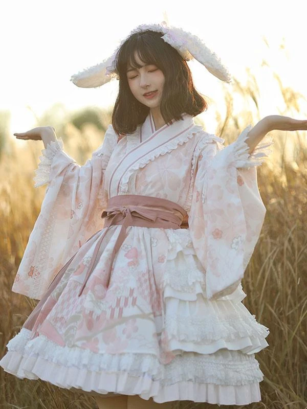 Japanese Style Lolita OP Dress Long Sleeve Floral Print Pink Bows Sweet Lolita One Piece Dresses 3 Japanese Style Lolita OP Dress Long Sleeve Floral Print Pink Bows Sweet Lolita One Piece Dresses