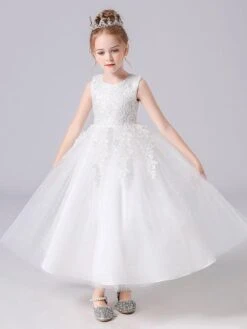 White Flower Girl Dresses Jewel Neck Sleeveless Bows Kids Party Dresses Princess Dress -AYA Cosplay Shop 202104161850271096577