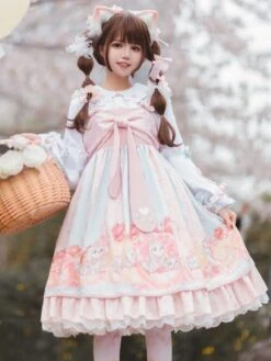 JSK Sweet Lolita JSK Dress Pink Bowknots Sleeveless Daily Casual Lolilta Jumper Skirt -AYA Cosplay Shop 202104161850541391058