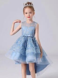 Blue Flower Girl Dresses Jewel Neck Sleeveless Short Princess Dress Sash Lace Kids Party Dresses