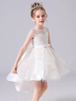 Blue Flower Girl Dresses Jewel Neck Sleeveless Short Princess Dress Sash Lace Kids Party Dresses -AYA Cosplay Shop 202104161851369578675