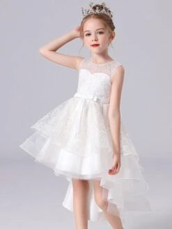 Blue Flower Girl Dresses Jewel Neck Sleeveless Short Princess Dress Sash Lace Kids Party Dresses -AYA Cosplay Shop 202104161851375076400