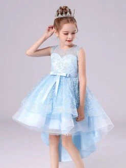 Blue Flower Girl Dresses Jewel Neck Sleeveless Short Princess Dress Sash Lace Kids Party Dresses -AYA Cosplay Shop 202104161851384539153