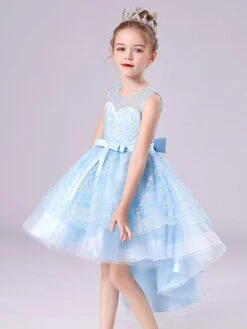 Blue Flower Girl Dresses Jewel Neck Sleeveless Short Princess Dress Sash Lace Kids Party Dresses -AYA Cosplay Shop 202104161851387712976